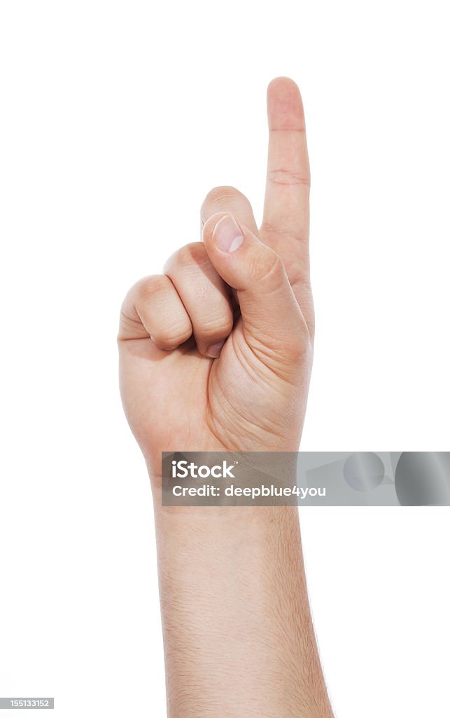 Apontando para cima com copyspace masculino dedo no branco - Foto de stock de Mão humana royalty-free