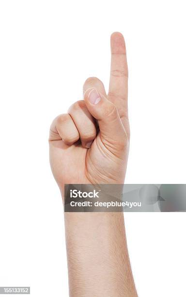 Foto de Apontando Para Cima Com Copyspace Masculino Dedo No Branco e mais fotos de stock de Mão humana
