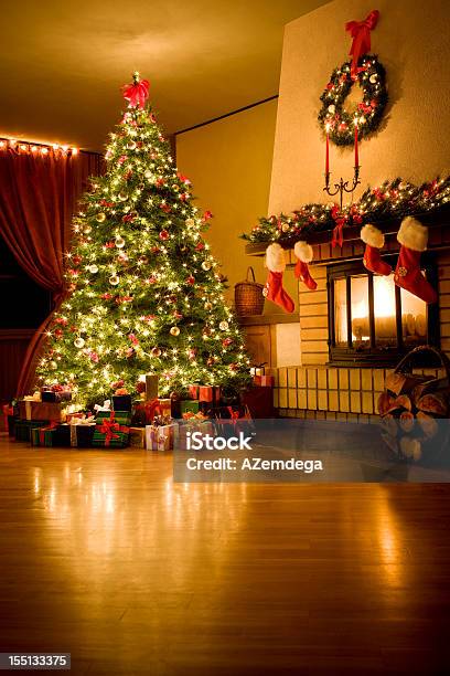 Christmas Stock Photo - Download Image Now - Christmas Tree, Fireplace, Wreath