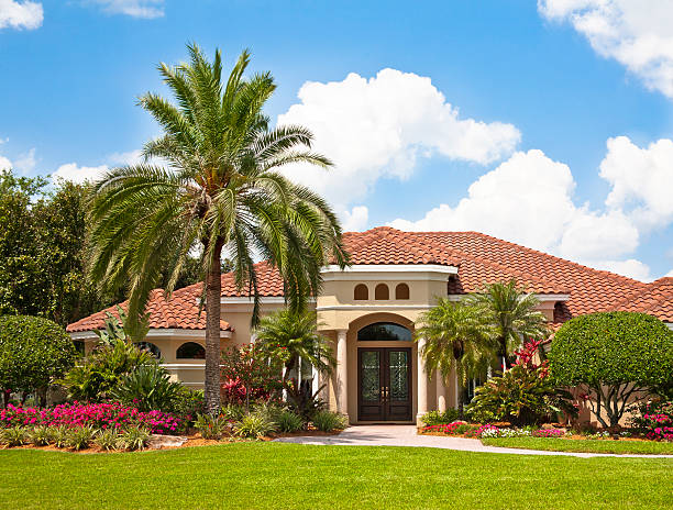 새로운 럭셔리 홈화면 있는 열대 정원 - palm tree florida house residential district 뉴스 사진 이미지