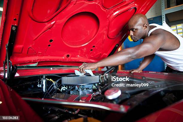 Car Lover Cleaning His Vintage Muscle Automobile Stock Photo - Download Image Now - Mechanic, Sports Car, Auto Repair Shop
