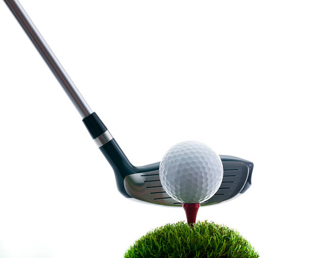 club,golf ball,tee and grass on white background