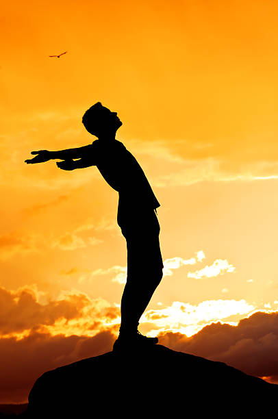 istock Young man with outstretched arms, sunset scenery after storm (II) 155134566