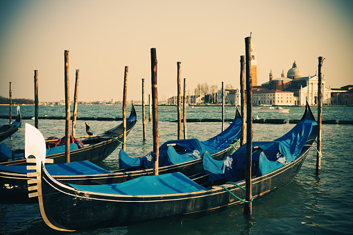 Gondolas in a row close-up on Grand Canal in Venice at peaceful sunrise, Italy