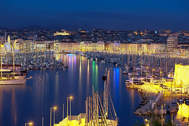The old harbor of Marseille at night stock photo