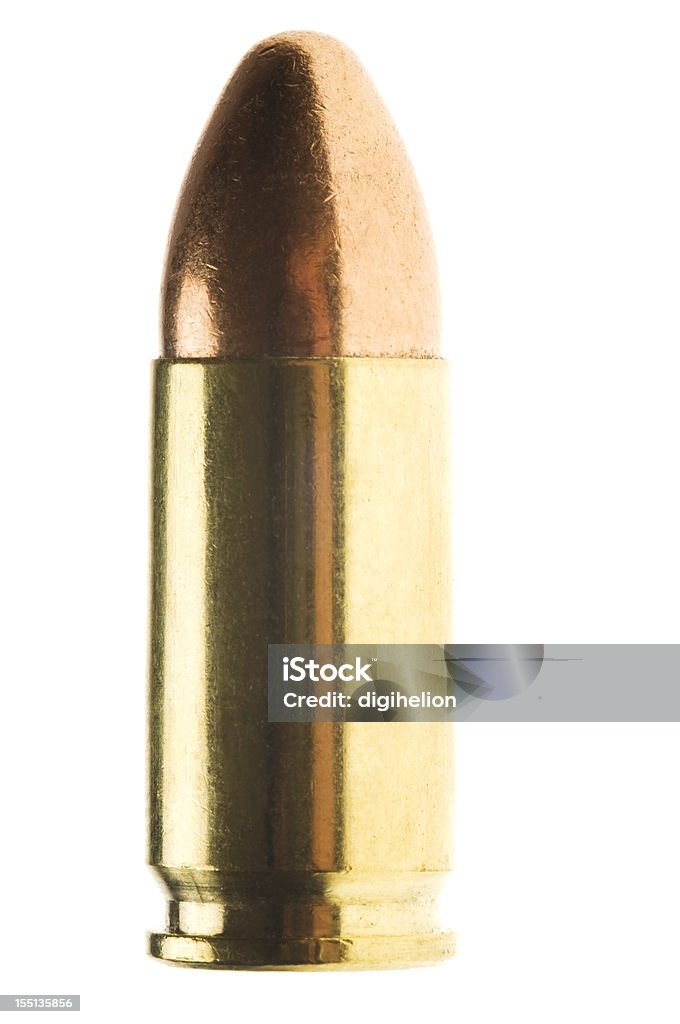 9mm shiny Bullet on white - detail Close-up of a 9mm full metal jacket bullet isolated on white background with reflection. Bullet Stock Photo