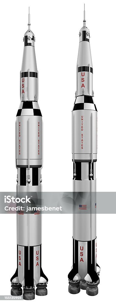 Saturn V Rocket 3D Saturn V rocket seen in a direct isometric view and a perspective elongated view over a white background. Rendered in 3D using extremely high detail and raytracing. Rocketship Stock Photo