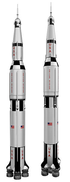 Saturn V Rocket 3D Saturn V rocket seen in a direct isometric view and a perspective elongated view over a white background. Rendered in 3D using extremely high detail and raytracing. apollo 11 stock pictures, royalty-free photos & images