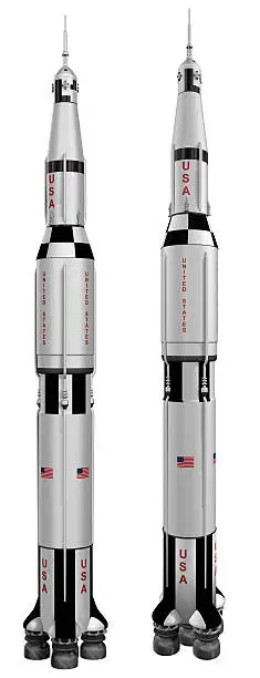 Saturn V rocket seen in a direct isometric view and a perspective elongated view over a white background. Rendered in 3D using extremely high detail and raytracing.