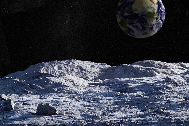 paesaggio lunare con starfield terra e distante - cratere meteoritico foto e immagini stock