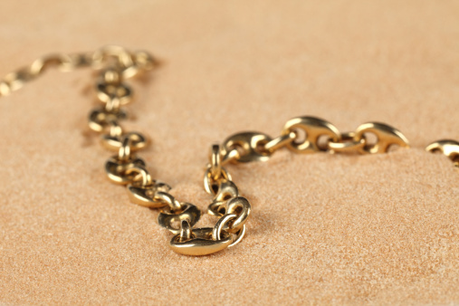 Lost chain in the sand on the beach