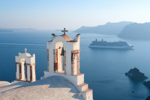 Beautiful view of famous Greek churches in the mediterranean island of Santorini. 