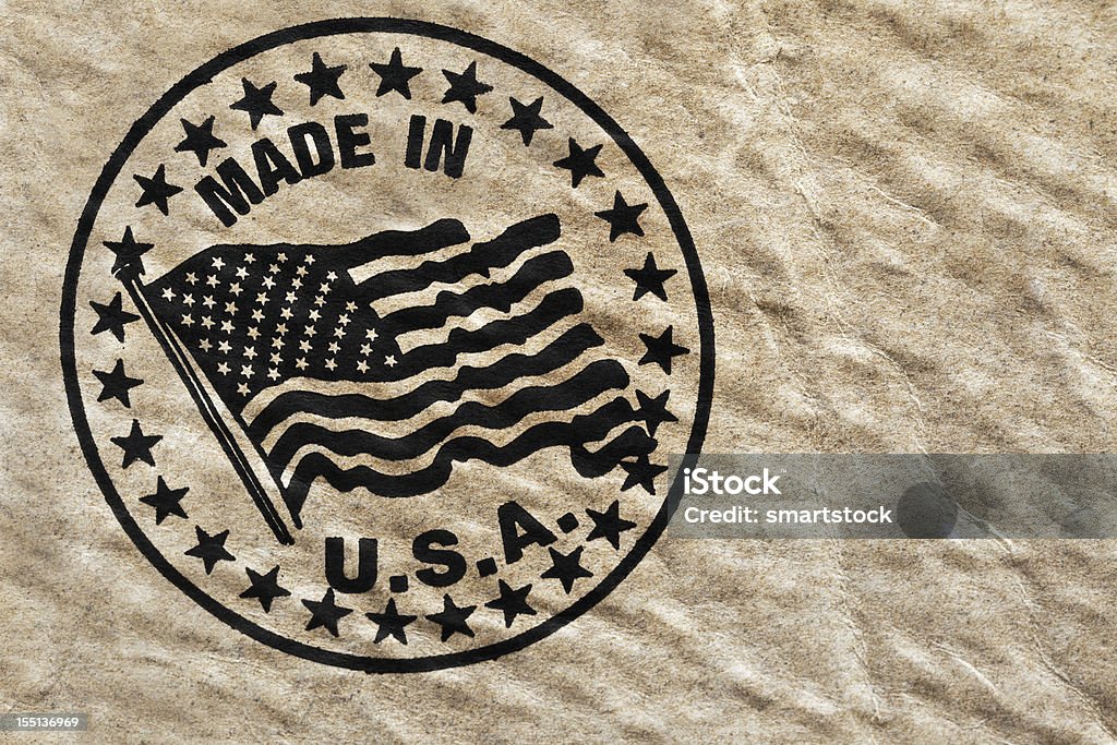 Feita em Estados Unidos Stenciled em Grunge resistiu Caixa de Papelão - Royalty-free Made in the USA - Frase americana Foto de stock