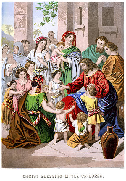 jezus chrystus błogosławieństwo małe dzieci - child mother illustration and painting little boys stock illustrations
