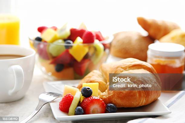 Breakfast Of Croissant Fruit Salad And Coffee Stock Photo - Download Image Now - Continental Breakfast, Coffee - Drink, Croissant