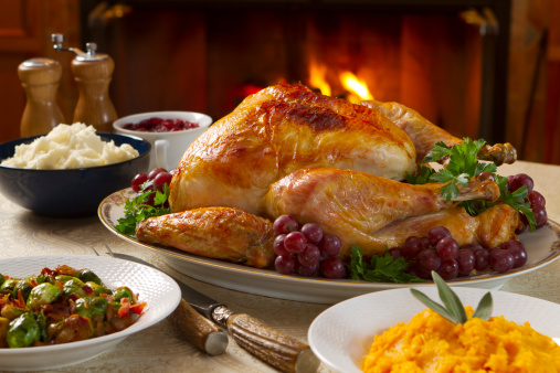 Holiday dinner with roast turkey, butternut squash, Brussels sprout, mashed potatoes, and cranberry sauce, all served by a roaring fire.