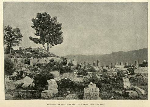 Vintage illustration after a photograph, Ruins of the Temple of Hera at Olympia, from the west