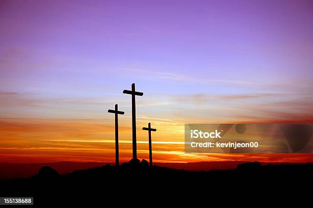 Three Crosses Standing At The Sunset Stock Photo - Download Image Now - Good Friday, Religious Cross, Cross Shape