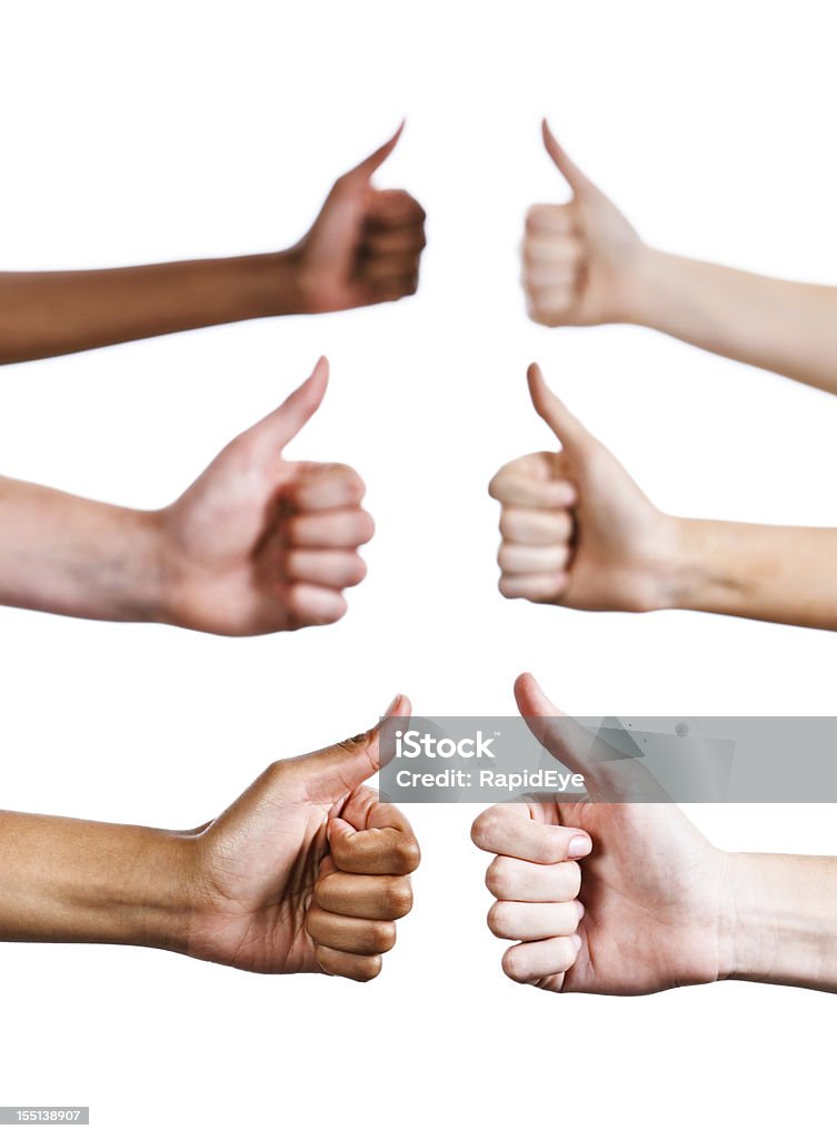 Six hands give approving thumbs up against white Six mixed hands, in diminishing perspective. give the thumbs-up sign of approval. Focus is on the lowest pair of hands. Isolated against a white background.  Thumb Stock Photo