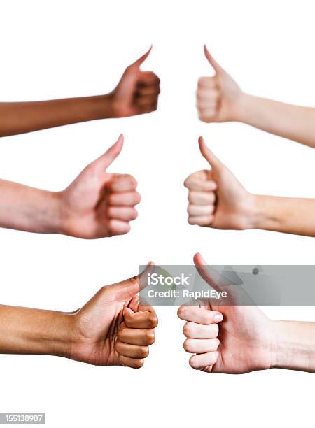 Six Hands Give Approving Thumbs Up Against White Stock Photo - Download Image Now - Thumb, Thumbs Up, Studio Shot