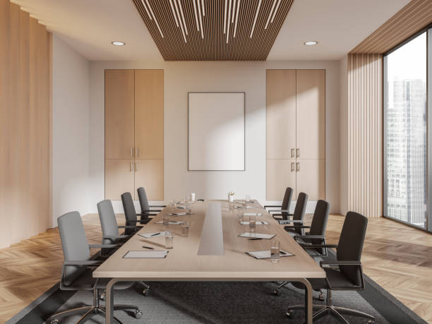 istock Stylish office room interior with meeting board and window. Mockup frame 1551389588