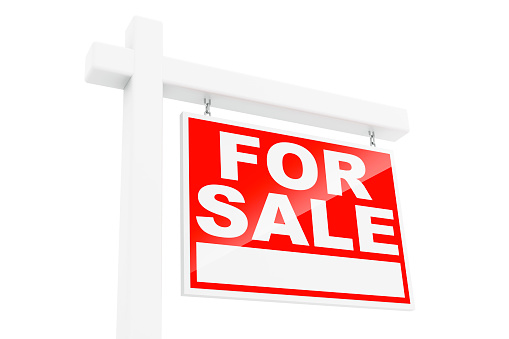 Real estate, house sold and with sign or poster on green lawn. Property or investment sale, mortgage or modern architecture and empty new home. Outdoor or building, moving sign and relocation