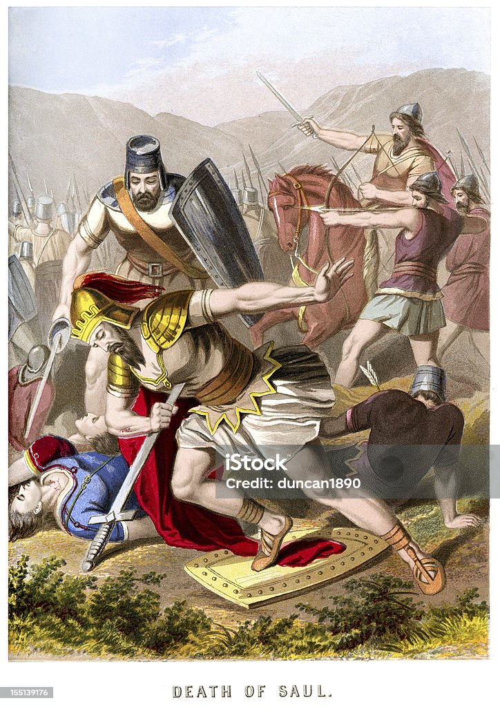 Death of Saul Vintage colour lithograph from 1880 showing the death of Saul. Saul was the first king of the united Kingdom of Israel (reigned 1049 BC to 1007 BC) according to the Hebrew Bible. He was anointed by the prophet Samuel and reigned from Gibeah. He suicidally fell on his sword in battle against Philistines at Mount Gilboa, during which three of his sons were also killed. Army stock illustration