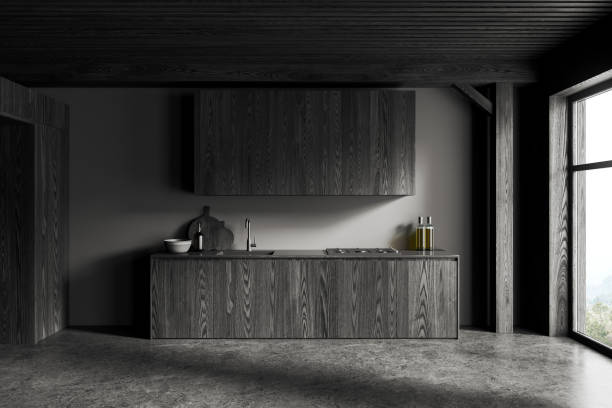 istock Gray and wooden kitchen interior with cabinets 1551394405