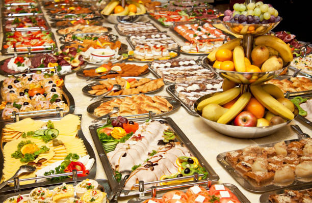 Buffet table with various types of food