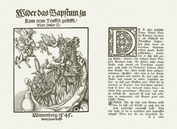 ilustraciones, imágenes clip art, dibujos animados e iconos de stock de luthers pamfleet, publicado por hans lufft, 1545 - zu hell