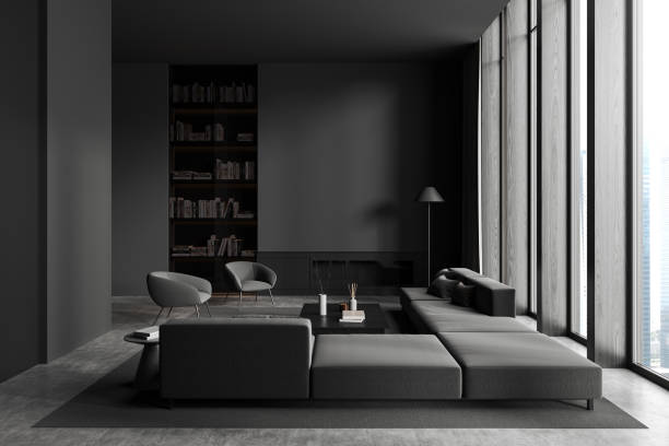 istock Gray living room interior with sofa, armchairs and bookcase 1551396504