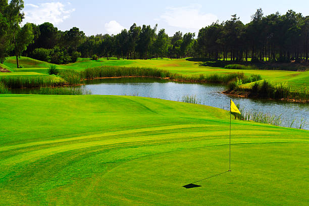 Yellow flag on a lush green golf course with pond