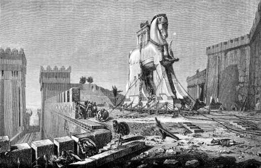 Steel engraving of trojan horse from 1875