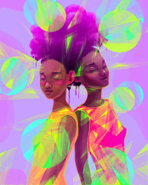 istock Two girls and neon bubbles, nanddrawn illustration 1551400229