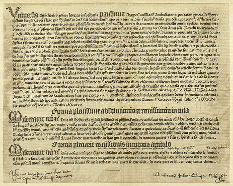 Letter of indulgence from the year 1455. Printed by Johannes Gutenberg, with his first printing press. Issued by Johannn von Ytstein, doctor of theology, a member of the Cistercian Order, and priest of the Sebalduskirche in Nuremberg. The initials and the larger words are hand written. Accurate faksimile after a parchment from my archive, published in 1881.