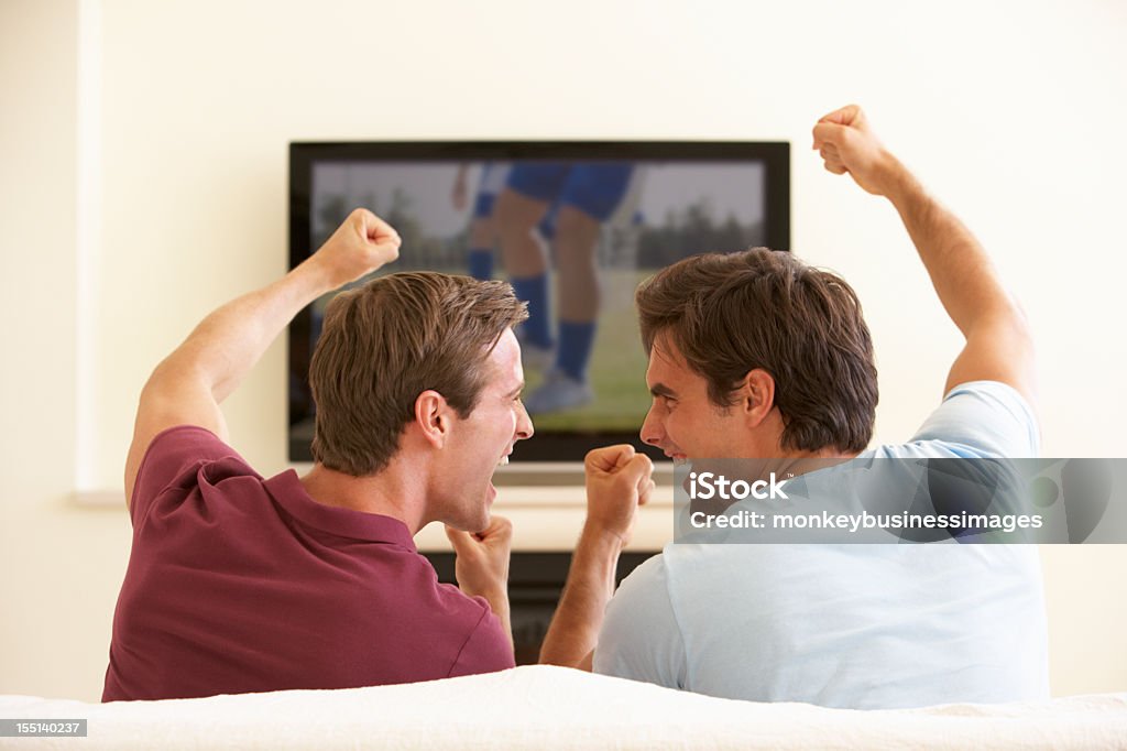 Dois homens assistindo TV Widescreen em casa - Foto de stock de Aconchegante royalty-free