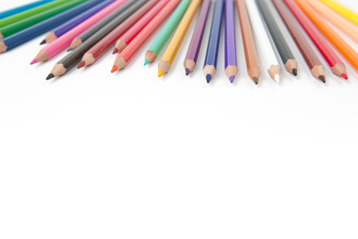Colored pencils for drawing various colors on a white background.