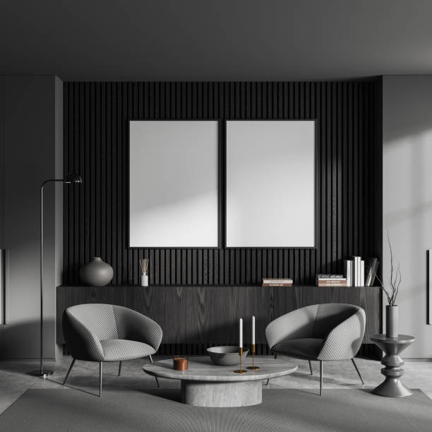 istock Grey relaxing room interior armchairs and drawer with decor, mockup frame 1551403889