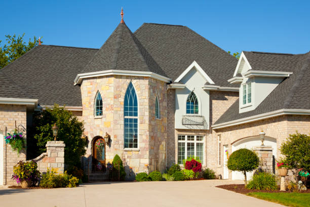 istock Stylish, Stone, Stucco, Brick, Mansion With Tower, Landscaping 155140720