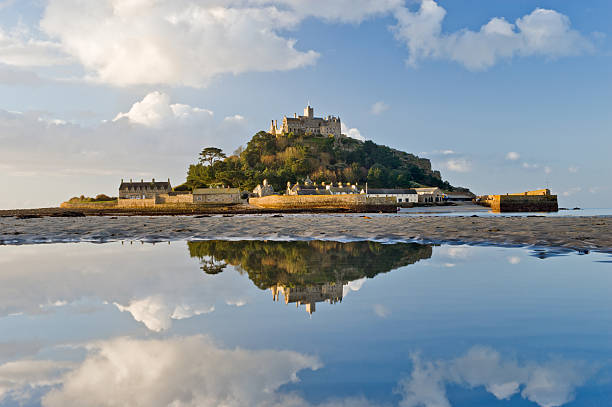 Saint Michaels Mount Cornwall at sunrise An early morning wide angle view of St Michaels Mount off the coast of Cornwall, England marazion photos stock pictures, royalty-free photos & images