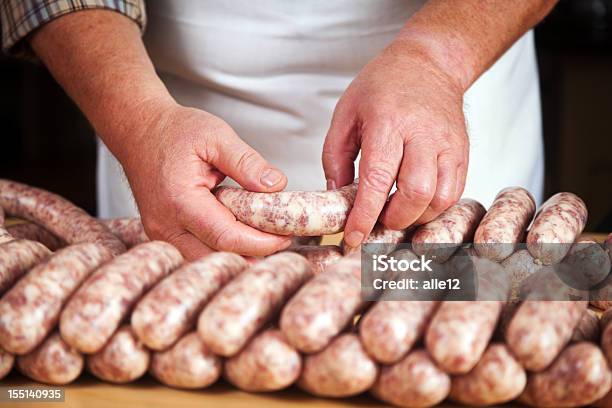Hand Made Sausages At The Butcher Shop Stock Photo - Download Image Now - Sausage, Making, Preparation