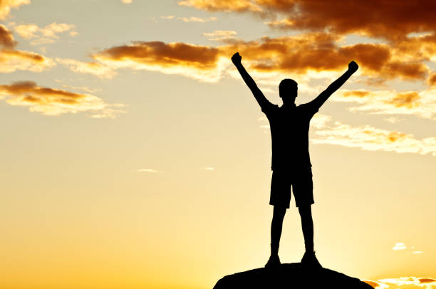 istock Young man with outstretched arms, sunset scenery after storm (IV) 155141244
