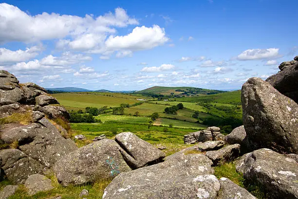 A view over rolling Dartmoor countryside from Hound Tor, Devon, UK