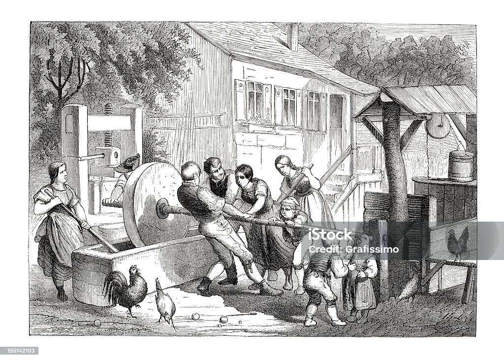 Engraving farmers manufacturing cider from apples 1835  18th Century stock illustration