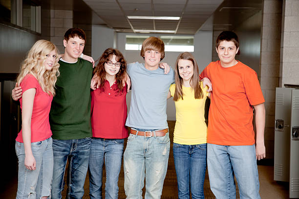 istock Education: Group Teenage High School Student Friends in Hallway 155142201