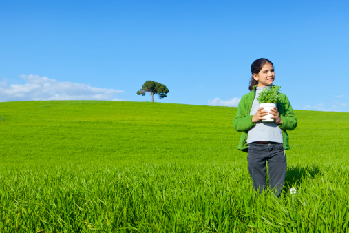 Little girl holding a little plant in a green field.