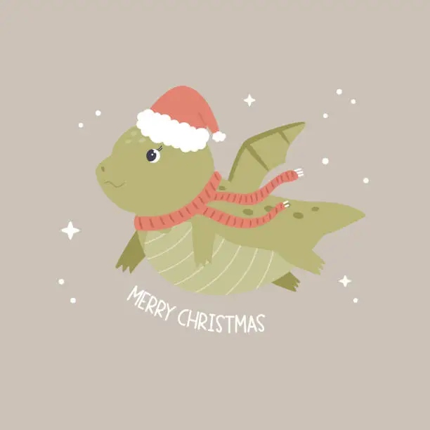 Vector illustration of Christmas holiday illustration with adorable dragon in a santa hat