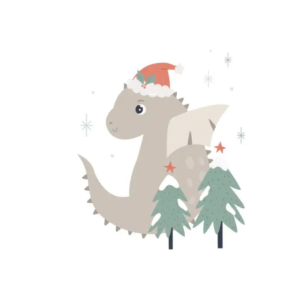 Vector illustration of Christmas holiday illustration with adorable dragon in a santa hat