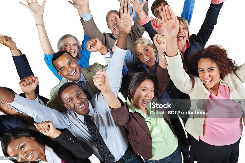 Entusiasta gruppo di uomini d'affari con le mani in aria - Foto stock royalty-free di Persone