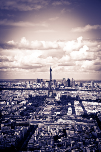 Paris skyline view from Eiffel Tower. Black and white.